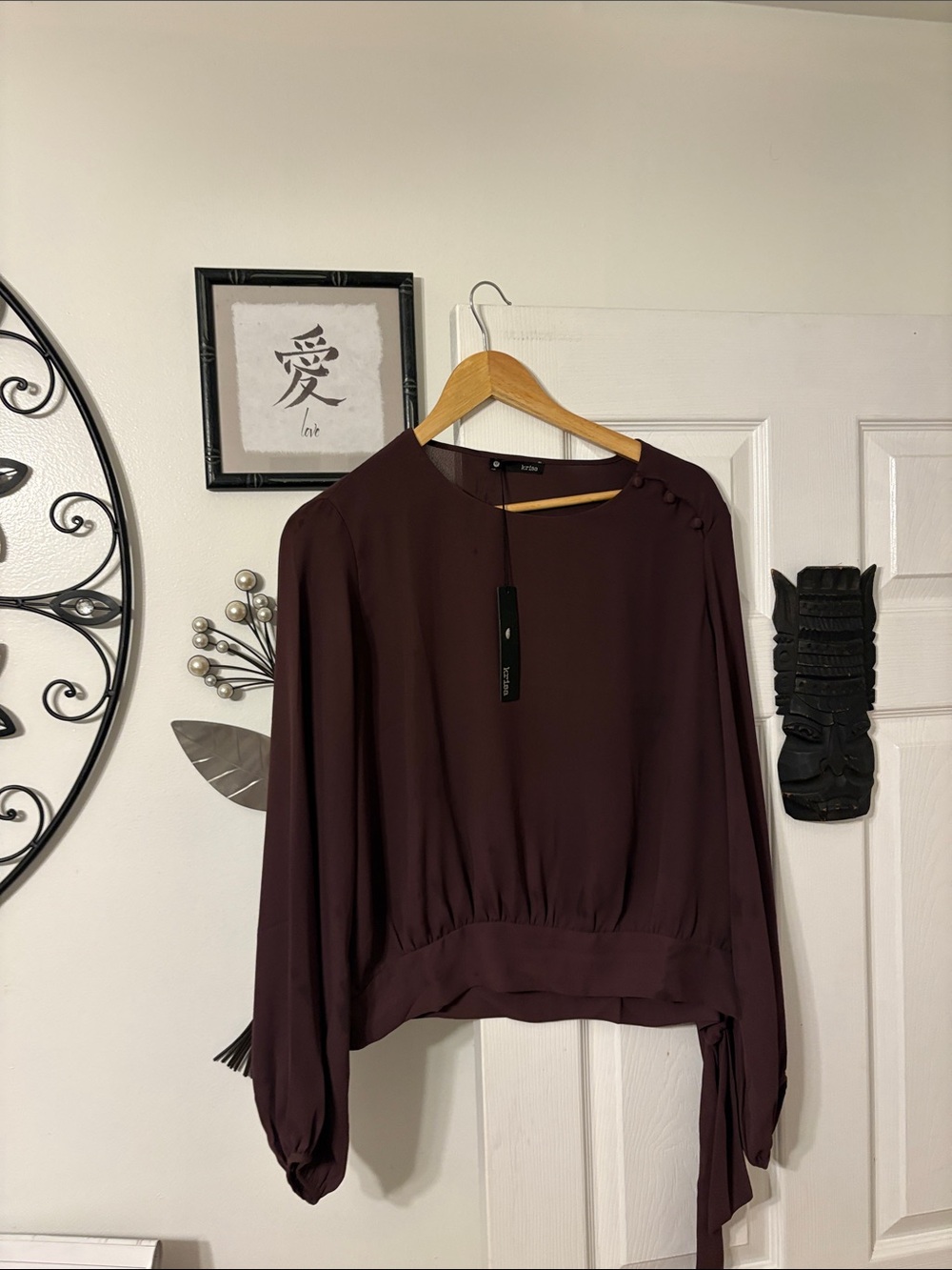 Elegant Draped Long-Sleeve Blouse in Deep Plum
